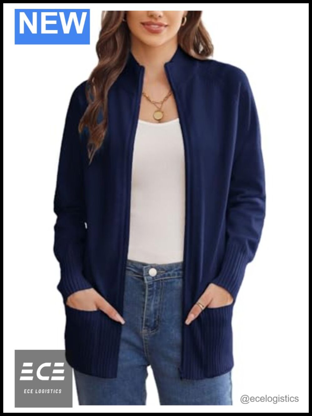 Womens Long Sleeve Zip Up Knit Cardigan with Pockets Stand Collar Sweater Coat